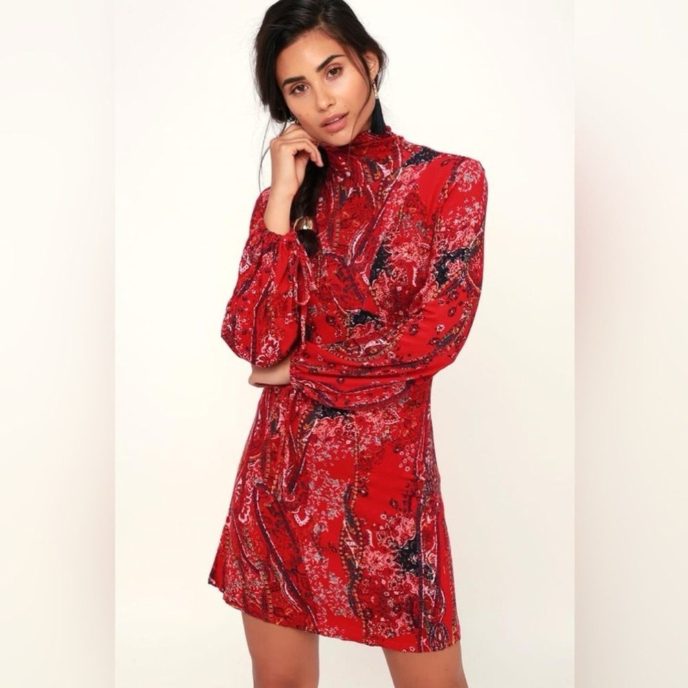 Free People All Dolled Up Red Print Long Sleeve Mini Dress